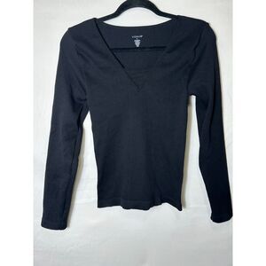 Venus Women's Super Stretchy Ribbed Bodycon Long Sleeve Top Deep V Neck Size L